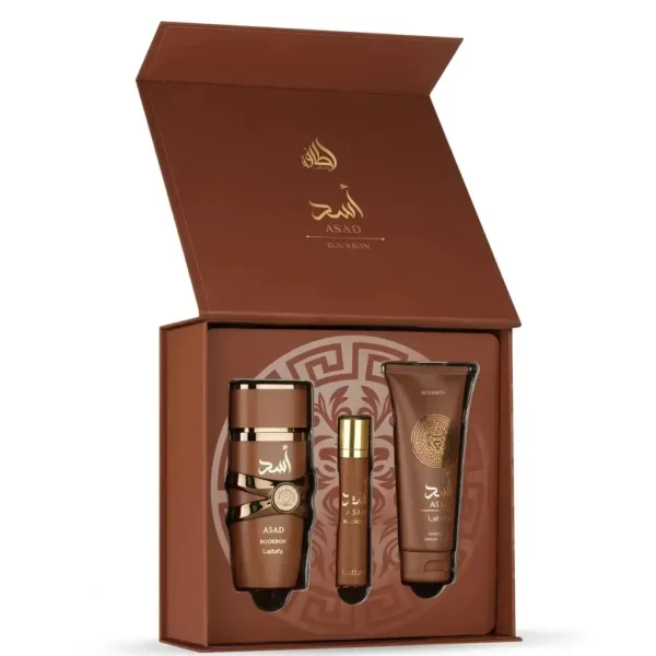 Lattafa Asad Bourbon 3 Pcs Gift Set box contents